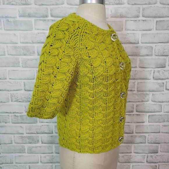 CHAUS S Avocado Green Chunky Knit Cardigan Sweater S/S Button Front Spring - Picture 5 of 8